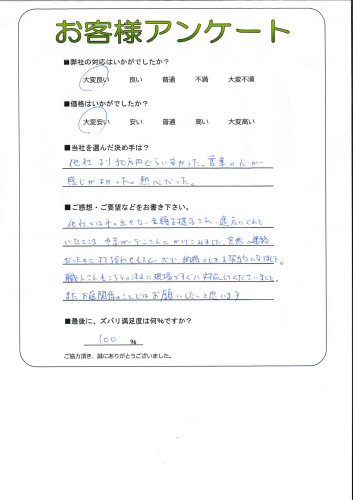 他社では手の出せない金額を提示され、途方にくれて
いたところ、中京ガーデンさんにかけこみました。突然の連絡
だったのに打ち合わせもスムーズで、納得のできる契約になりました。
職人さんもこちらの注文に現場ですぐに対応してくださいました。
またお庭関係のことではお願いしたいと思います。