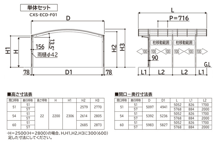 YKK レイナポートグラン 雪50 寸法図：1.5台延長