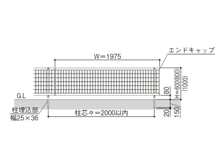 YKKAP シンプレオM2型 縦井桁メッシュ 寸法図